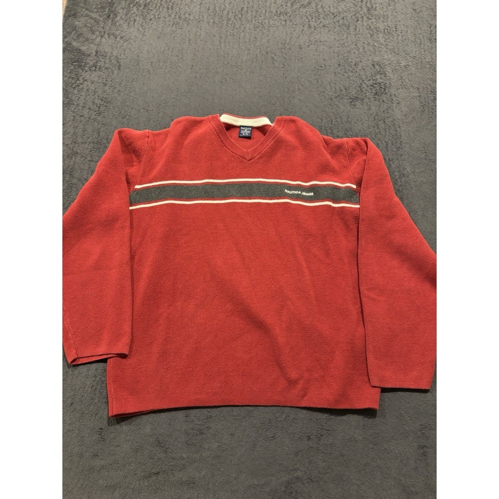 Nautica Jeans Company V-Neck Sweater Size XL Red Ramie Cotton